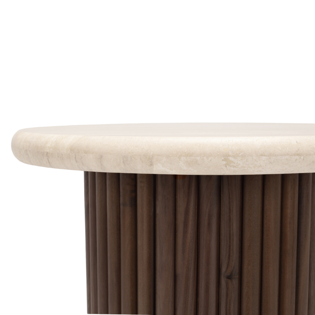 Rho Travertine Top Walnut Base Round Side Table 50cm image 1